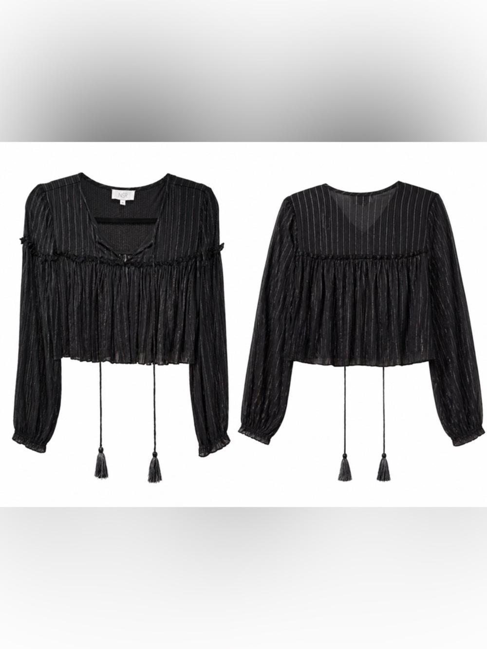 NSR Black Metallic-Striped Peasant Blouse with Tassel Tie